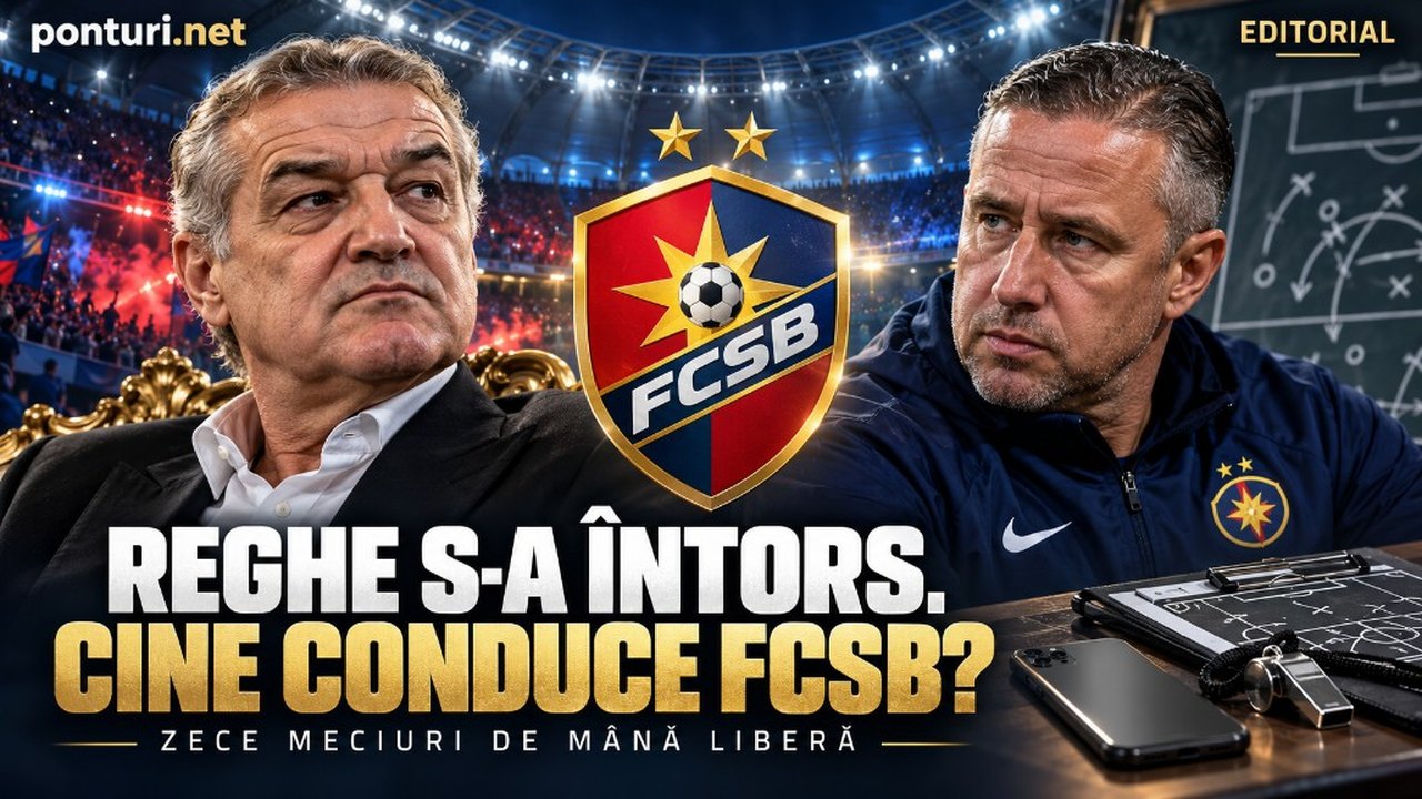 Ilustrație editorială ponturi.net: Laurențiu Reghecampf și Gigi Becali, FCSB. Reghe s-a întors. Cine conduce FCSB?