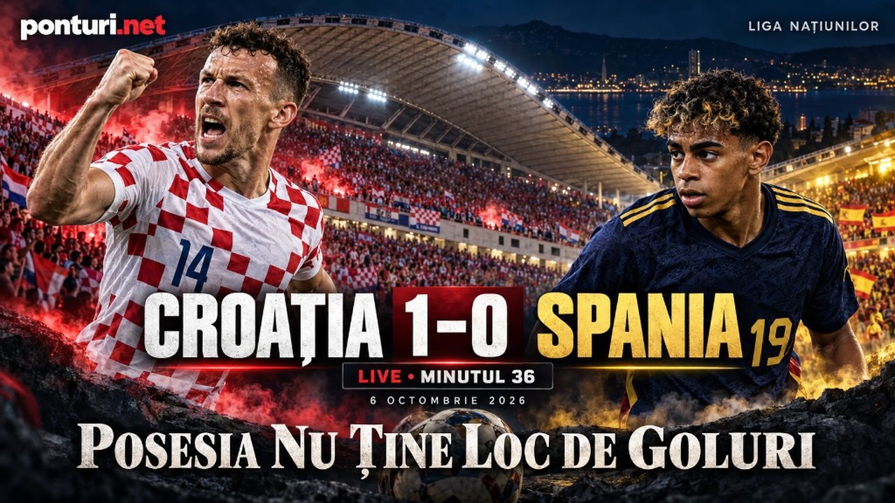 Ilustrație editorială ponturi.net pentru Croația–Spania. Scor LIVE 1–0 în minutul 36, la 6 octombrie 2026; nu reprezintă rezultatul final.